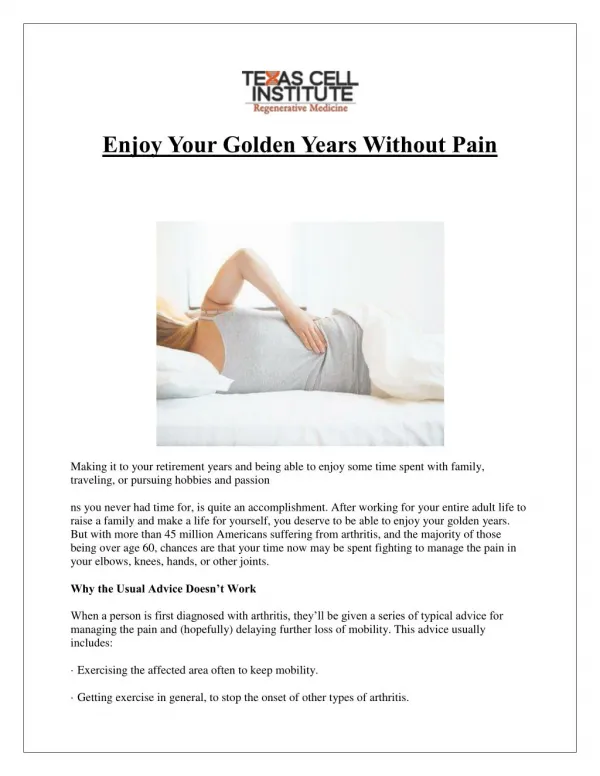 Enjoy Your Golden Years Without Pain - Texas Cell Institute