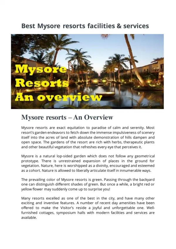 Best Mysore resorts faciliites & services