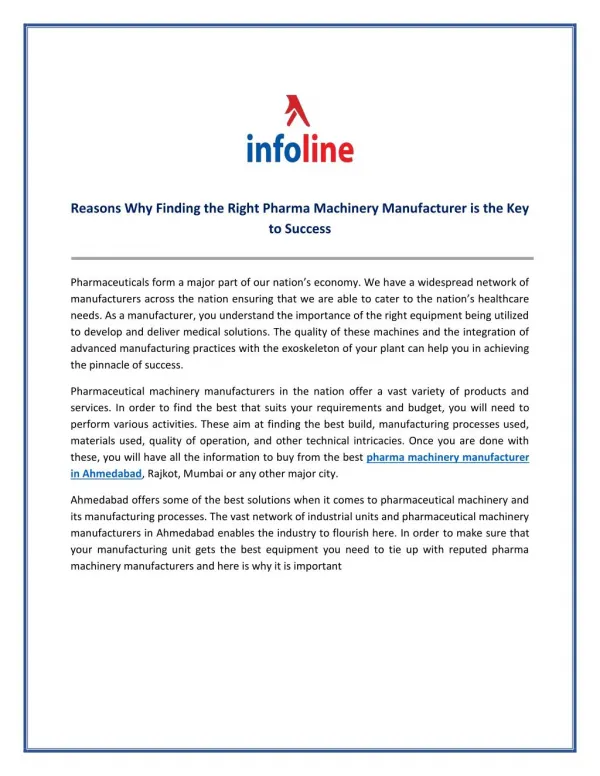 Reasons Why Finding the Right Pharma Machinery Manufacturer is the Key to Success
