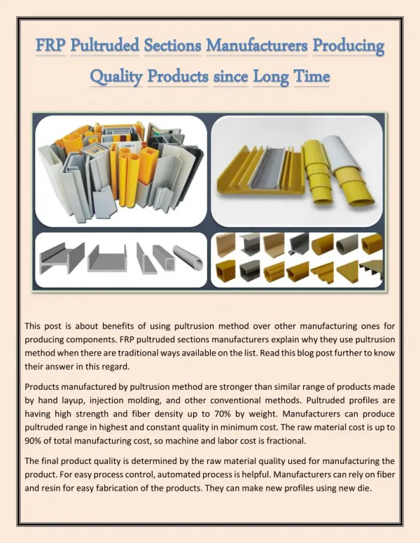 FRP Pultruded Sections Manufacturers Producing Quality Products Since Long Time