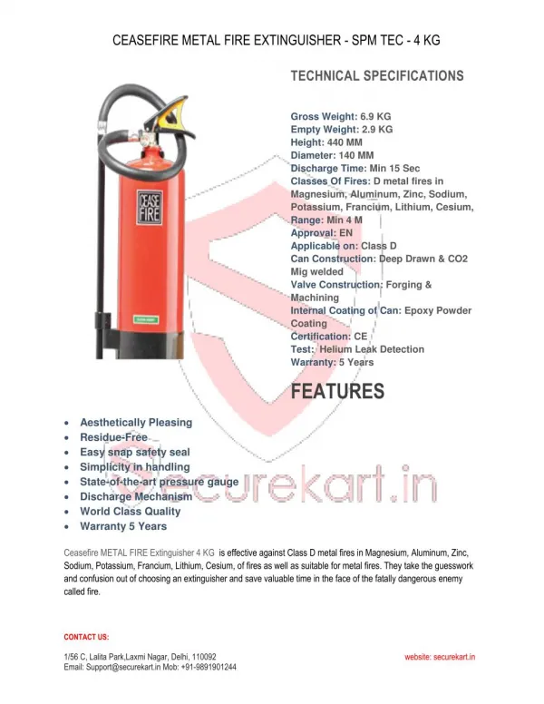 Features of Ceasefire Metal Fire Extinguisher - Spm Tec - 4 Kg Online
