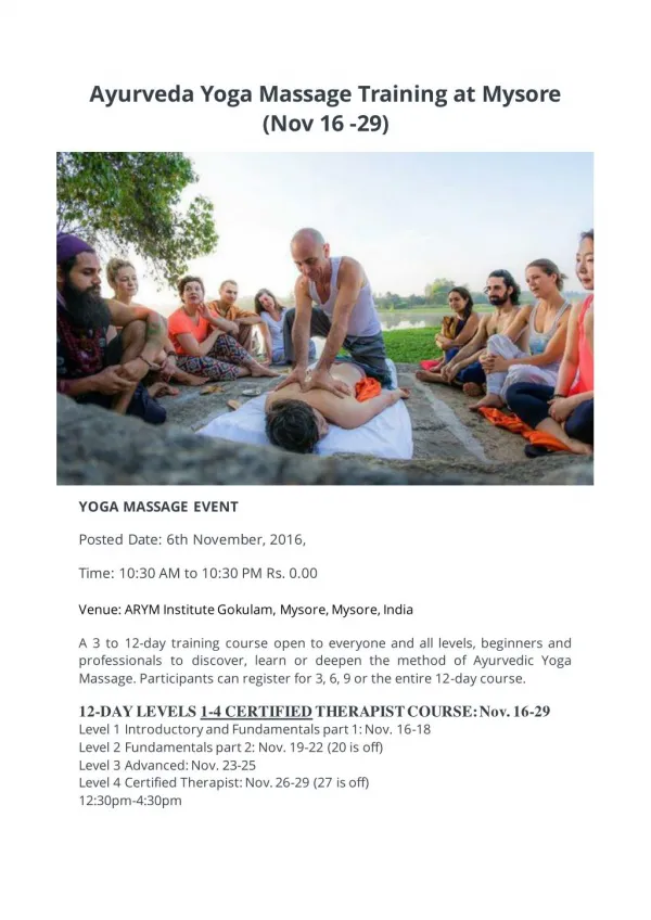 Ayurveda Yoga Massage Training at Mysore (Nov 16 -29)