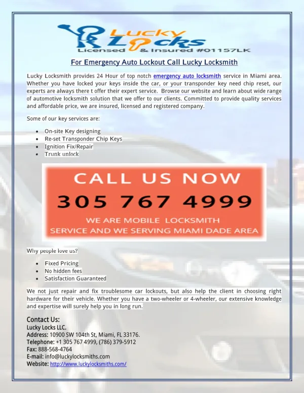 For Emergency Auto Lockout Call Lucky Locksmith