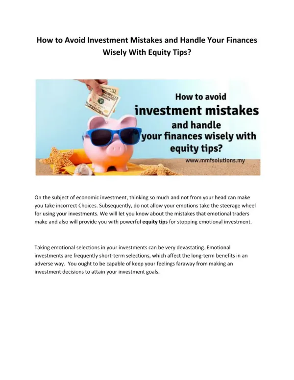 How to Avoid Investment Mistakes and Handle Your Finances Wisely With Equity Tips?