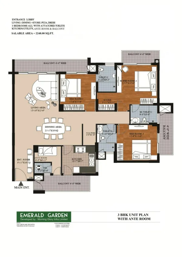 3 BHK With Ante Room in Kanpur - Emerald Garden