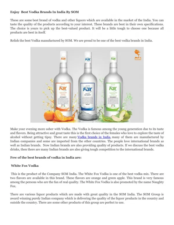 Enjoy Best Vodka Brands In India By SOM