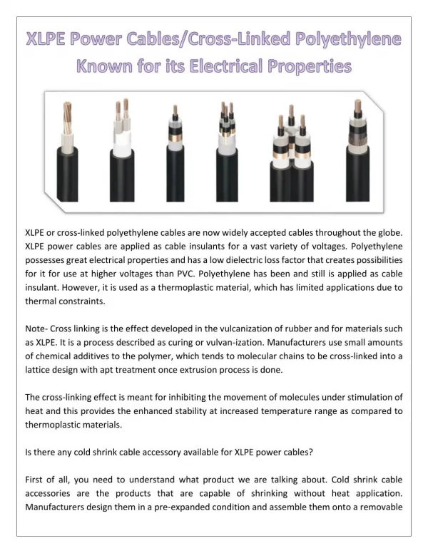 XLPE Power Cables/Cross-Linked Polyethylene Known for its Electrical Properties