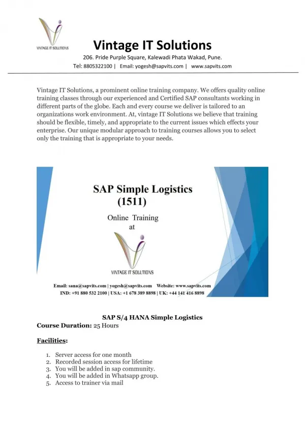 Best SAP S4 HANA Simple Logistics Course Online Training Institute-SAPVITS UK