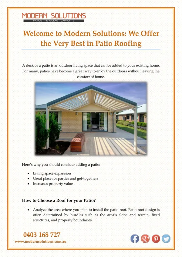 Welcome to Modern Solutions: Offering the Very Best in Patio Roofing