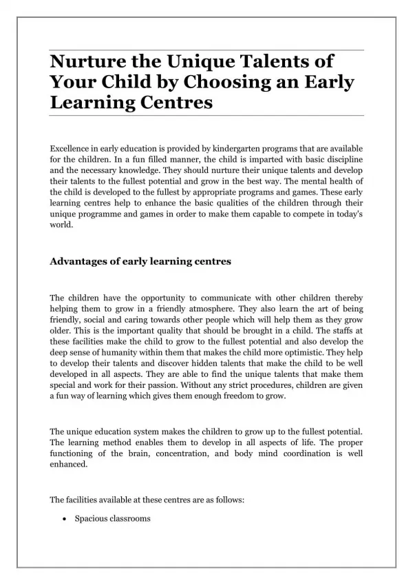 Nurture the Unique Talents of Your Child by Choosing an Early Learning Centres