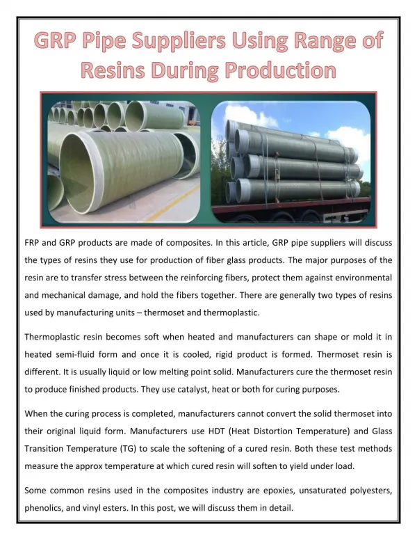 GRP Pipe Suppliers Using Range of Resins During Production