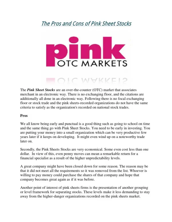 The Pros and Cons of Pink Sheet Stocks