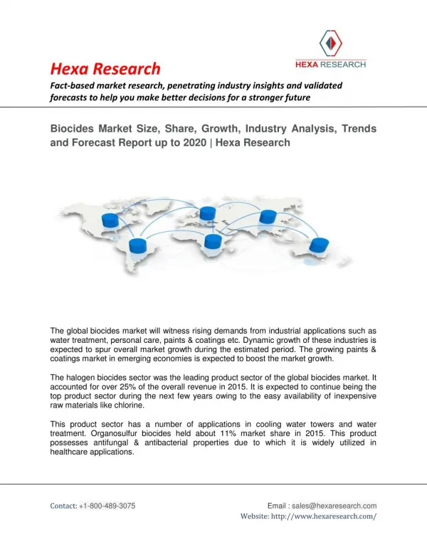Biocides Market Research Report - Global Industry Analysis, Size, Growth and Forecast to 2020- Hexa Research
