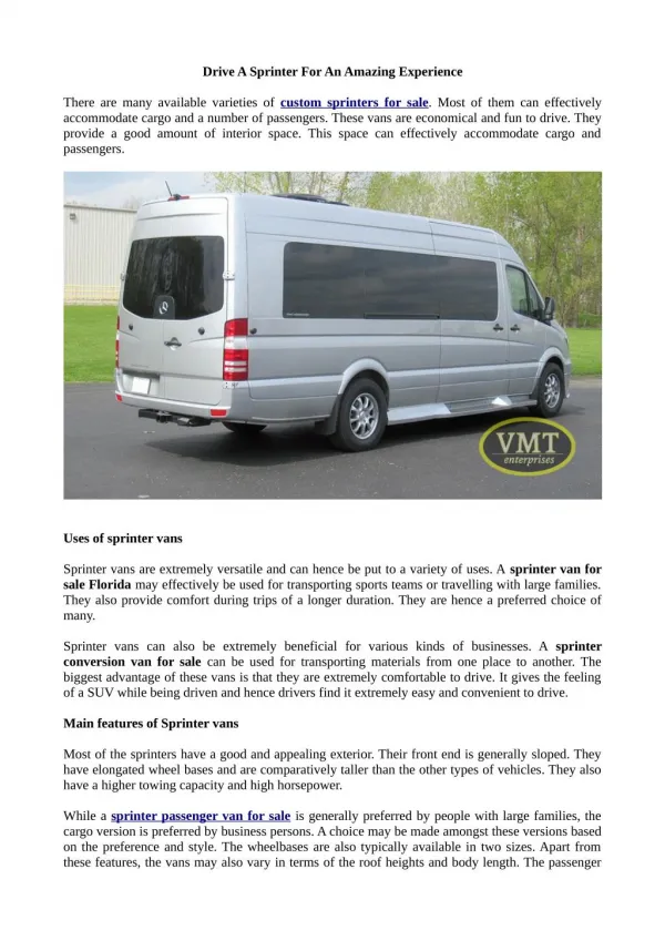 Drive A Sprinter For An Amazing Experience