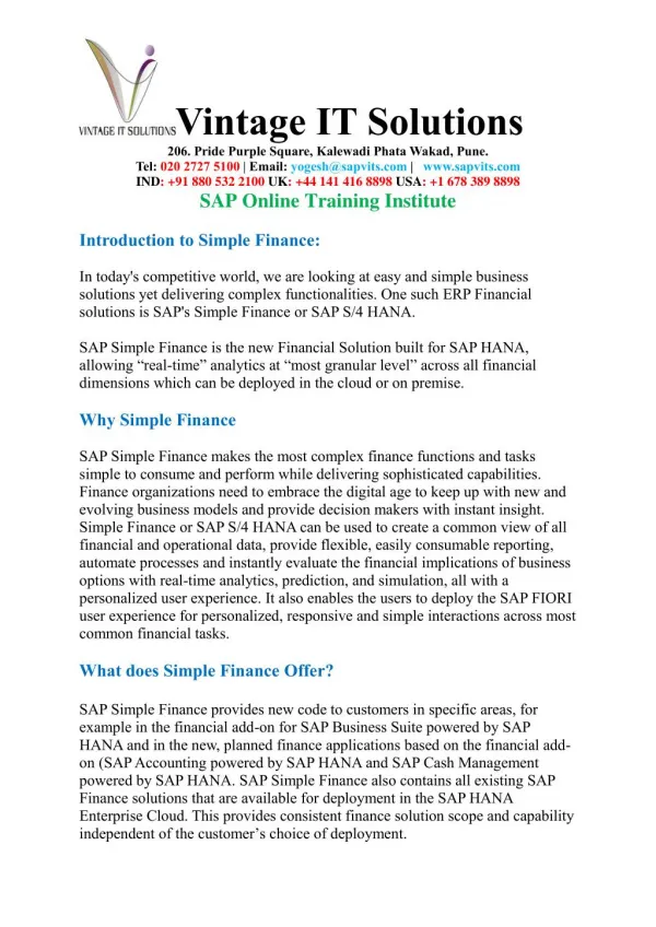 Best SAP S4 HANA Simple Finance Online Course Training PDF-SAPVITS