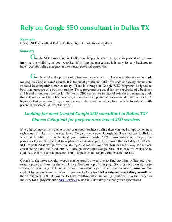 Rely on Google SEO consultant in Dallas TX