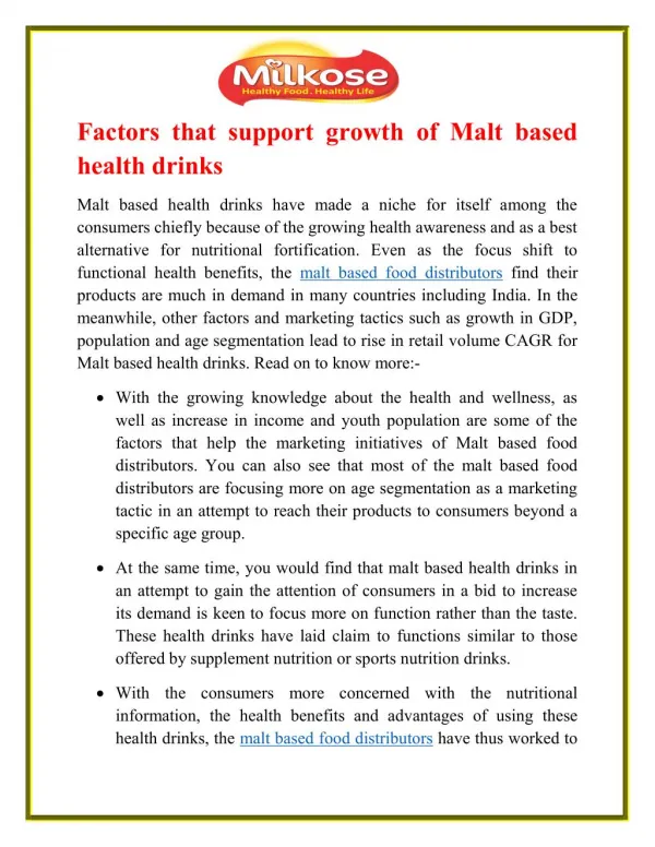 Factors that support growth of Malt based health drinks
