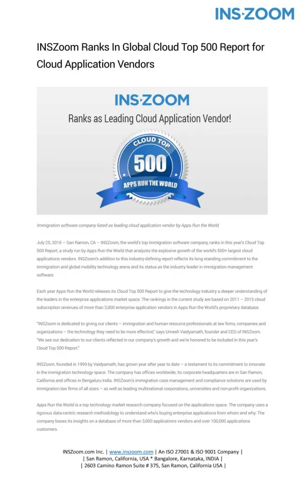 INSZoom Ranks In Global Cloud Top 500 Report for Cloud Application Vendors | INSZoom