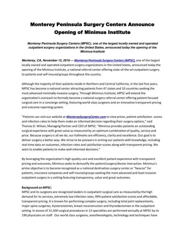 Monterey Peninsula Surgery Centers Announce Opening of Minimus Institute