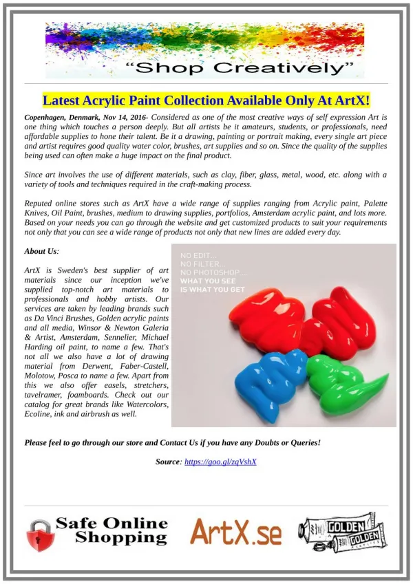 Latest Acrylic Paint Collection Available Only At ArtX
