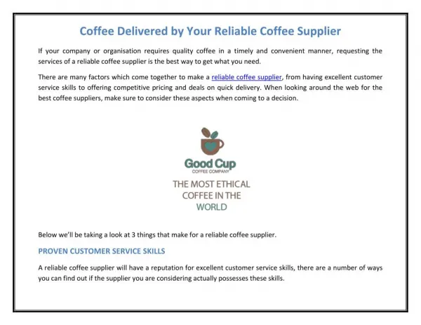 Coffee Delivered by Your Reliable Coffee Supplier