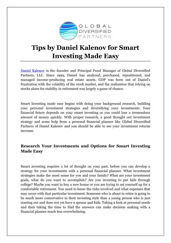 Tips by Daniel Kalenov for Smart Investing Made Easy