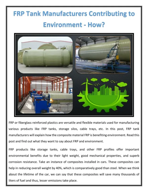 FRP Tank Manufacturers Contributing to Environment - How?