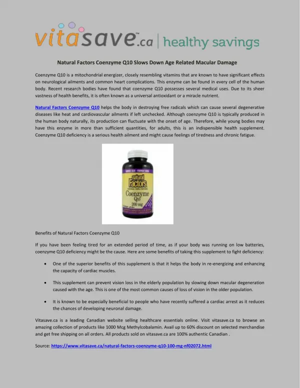 Natural Factors Coenzyme Q10 Slows Down Age Related Macular Damage