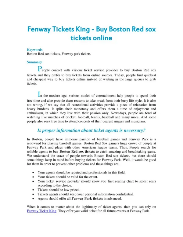 Fenway Tickets King - Buy Boston Red sox tickets online