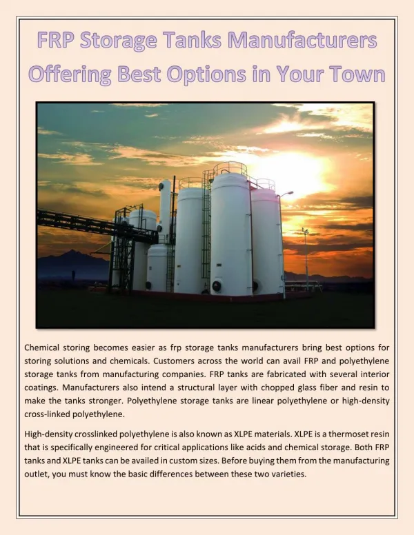 FRP Storage Tanks Manufacturers Offering Best Options in Your Town