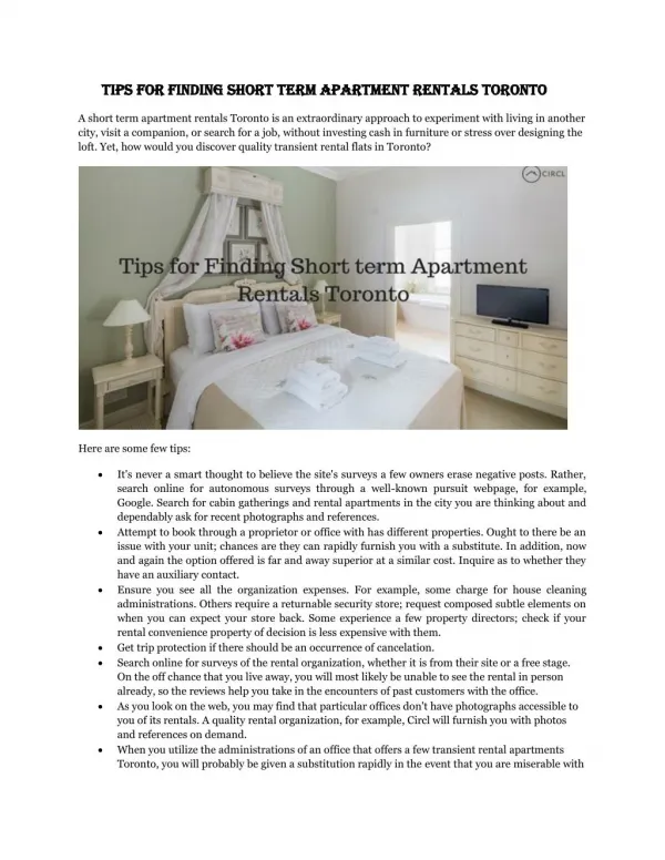 Tips for Finding Short term Apartment Rentals Toronto