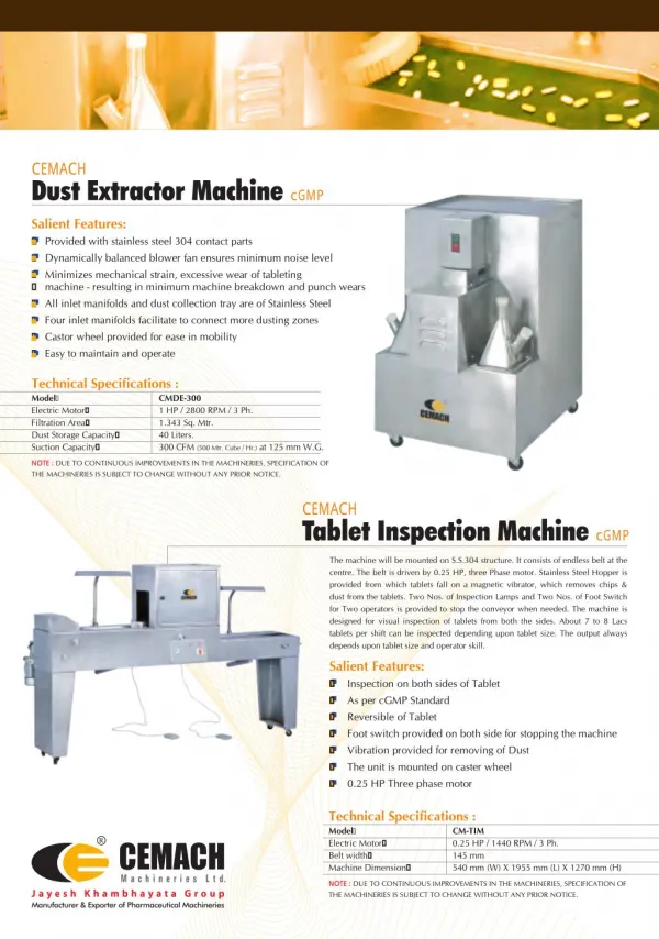 Cemach Tablet Inspection and Dust Extractor Machine cGMP