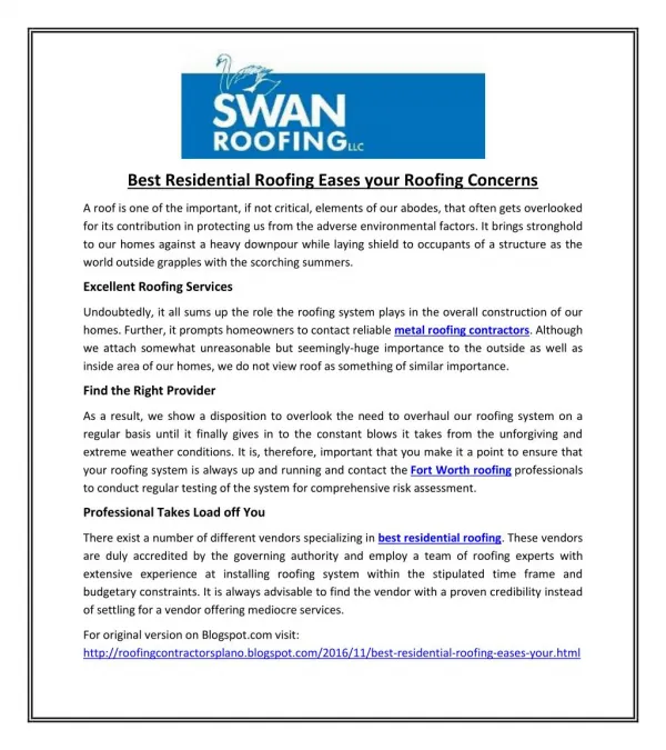 Best Residential Roofing Eases your Roofing Concerns
