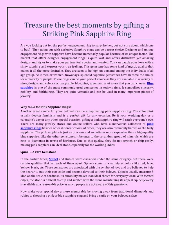 Treasure the best moments by gifting a Striking Pink Sapphire Ring