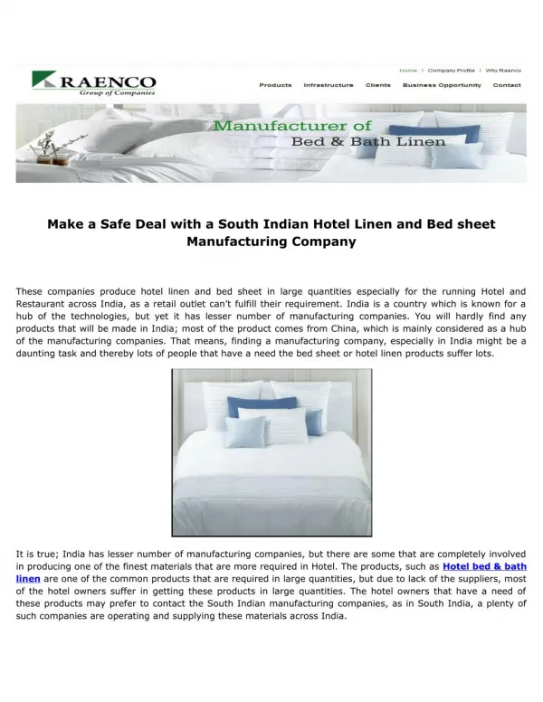 Make a Safe Deal with a South Indian Hotel Linen and Bed sheet Manufacturing Company