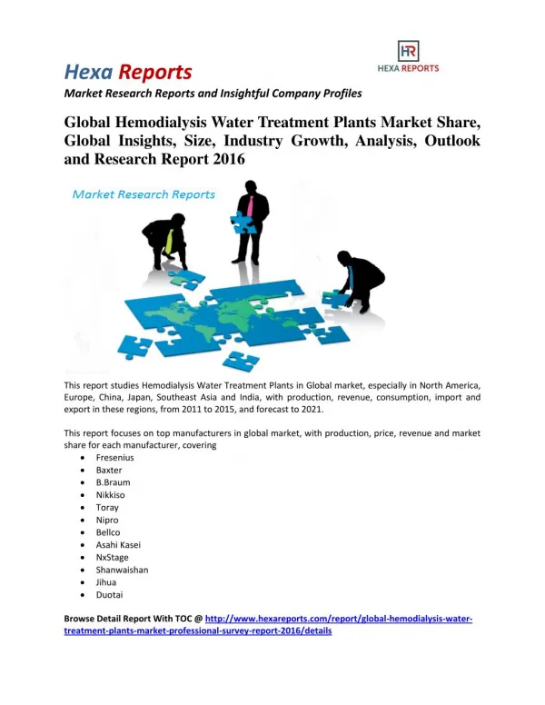 Global Hemodialysis Water Treatment Plants Market Professional Survey Report 2016 By Hexa Reports