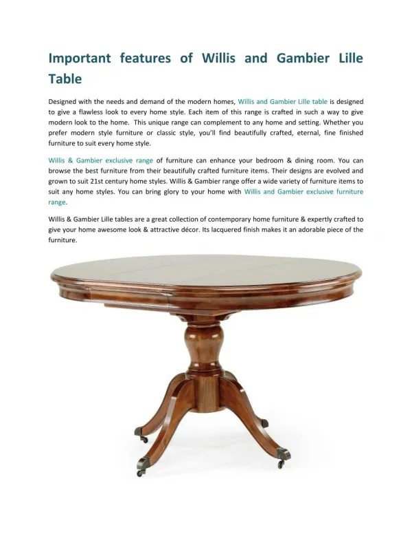 Important Features of Willis and Gambier Lille Table
