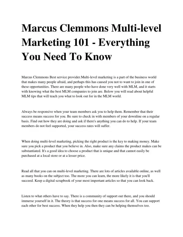 Marcus Clemmons Multi-level Marketing 101 - Everything You Need To Know