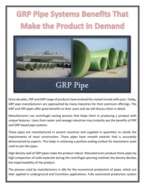 GRP Pipe Systems Benefits That Make the Product in Demand