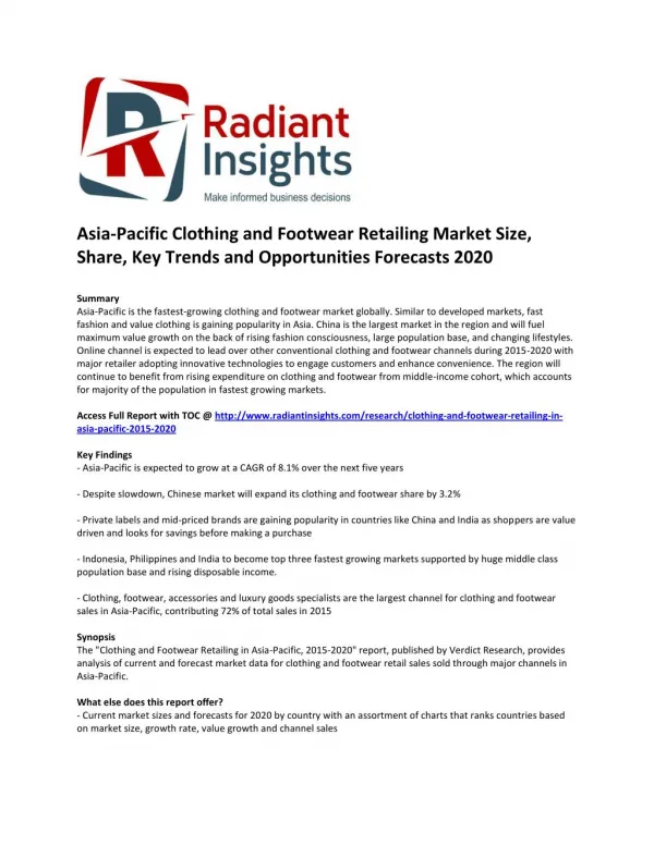 Asia-Pacific Clothing and Footwear Retailing Market Size, Share, Analysis, Key Trends and Opportunities Forecasts 2020