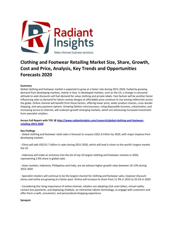 Clothing and Footwear Retailing Market Size, Analysis, Key Trends and Opportunities Forecasts 2020