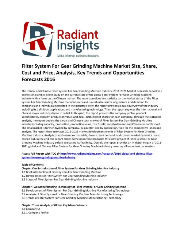 Filter System For Gear Grinding Machine Market Size, Share, Growth, Key Trends and Opportunities Forecasts 2016