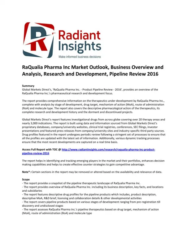 RaQualia Pharma Inc Market Research and Development, Pipeline Review 2016