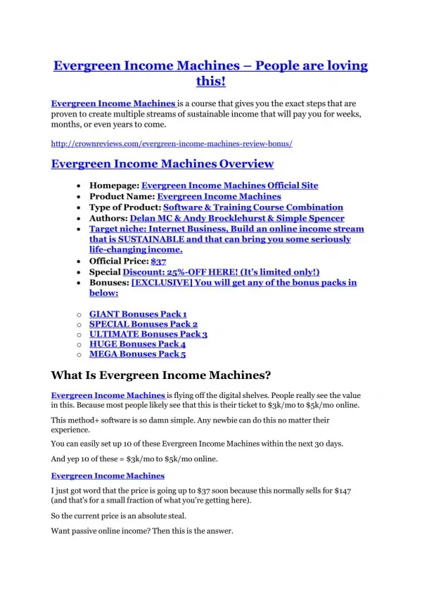 Evergreen Income Machines review & massive 100 bonus items