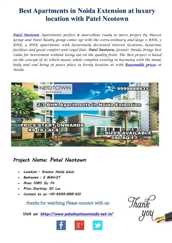 Best Apartments at Patel neotown noida extension with comfortable prices