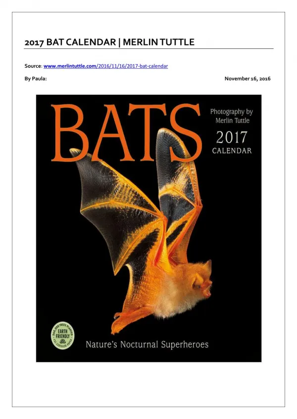 2017 Bat Calendar | Merlin Tuttle