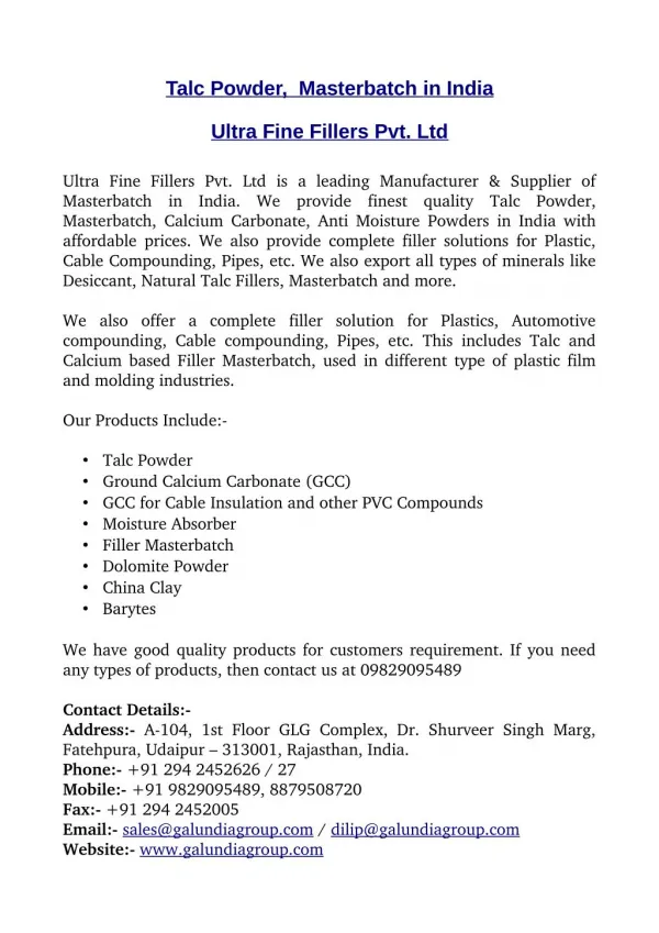 Talc Powder, Masterbatch in India - Ultra Fine Fillers Pvt Ltd