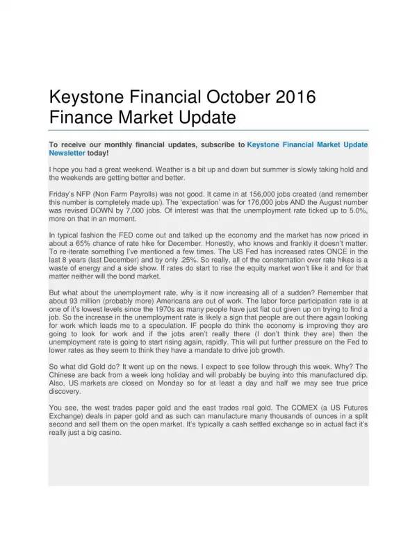 Keystone Financial October 2016 Finance Market Update