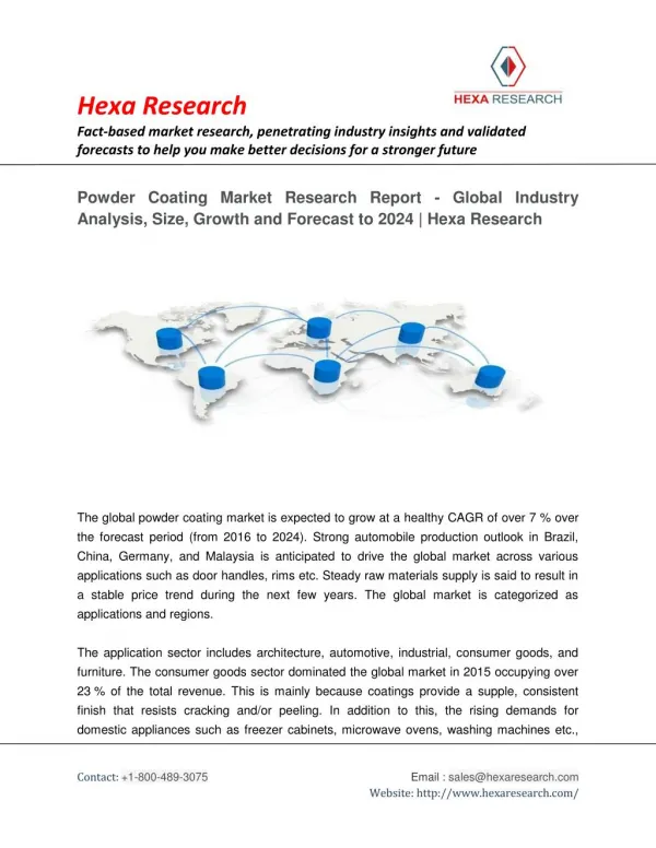 Powder Coating Market Projected To Grow At 7% CAGR Till 2024 - Research Report by Hexa Research