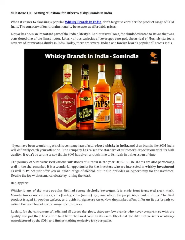 Milestone 100: Setting Milestone for Other Whisky Brands in India